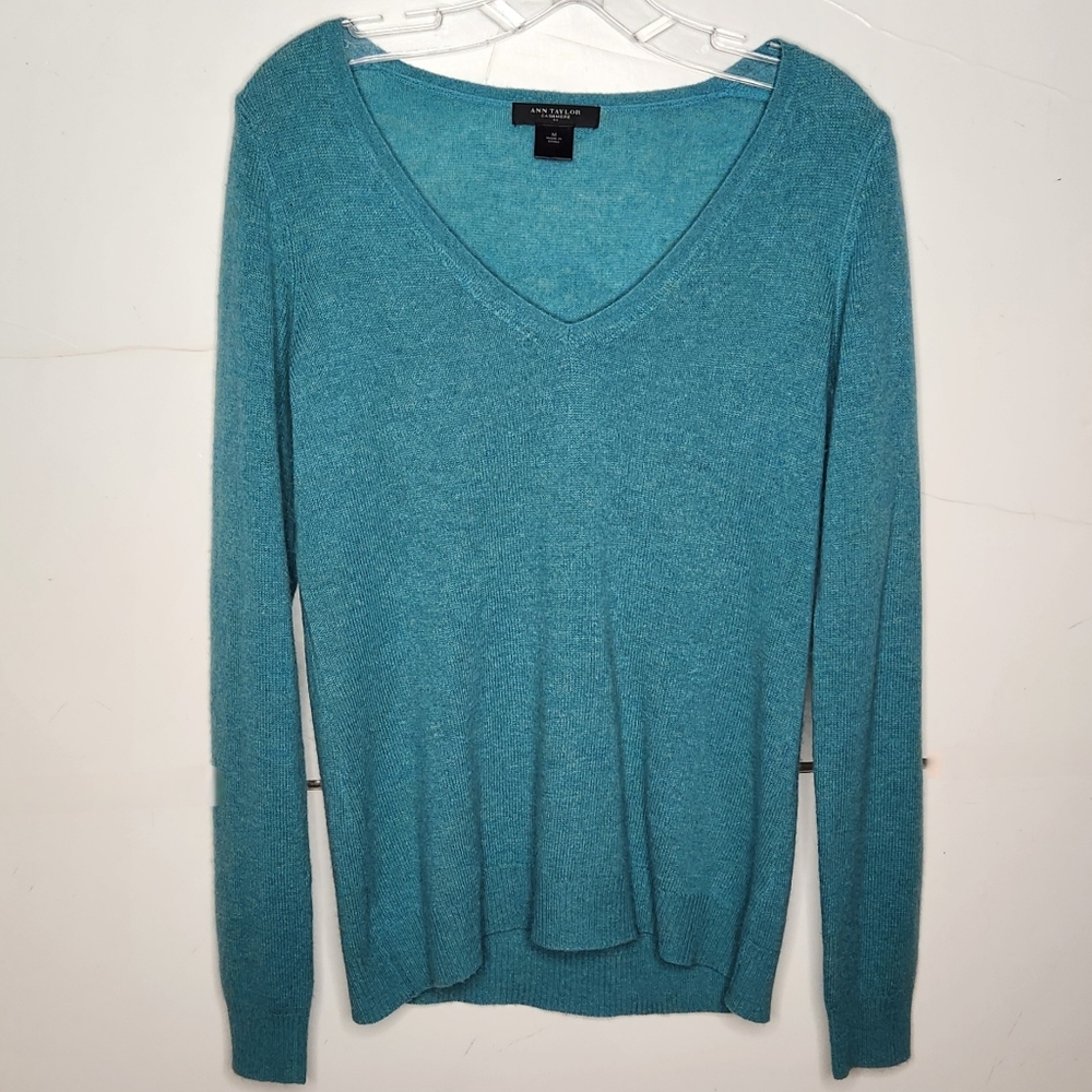 Ann Taylor Womens Medium 100% Cashmere V-neck Long Sleeve Sweater Turquoise